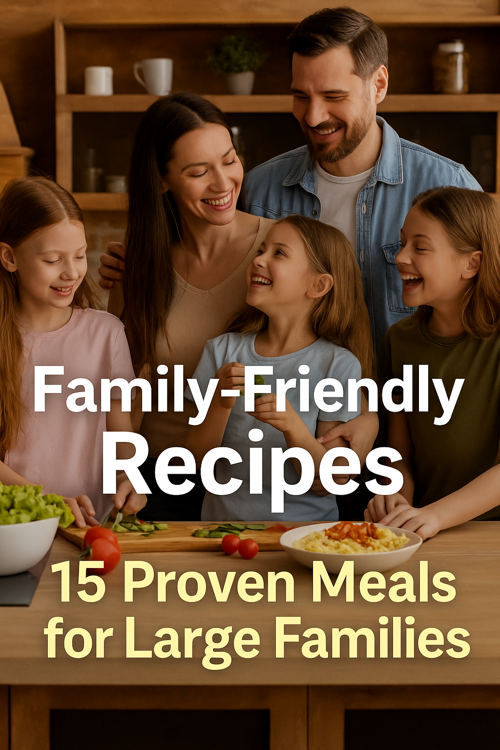 A delicious spread of family-friendly meals perfect for large families, representing 15 proven recipes that bring everyone together