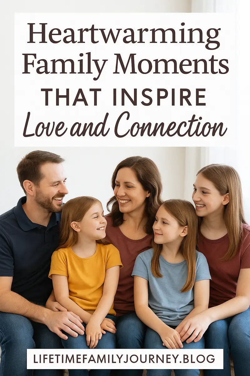 A loving family of five sits closely together on a couch, smiling and connecting, representing heartwarming family moments that inspire love and connection
