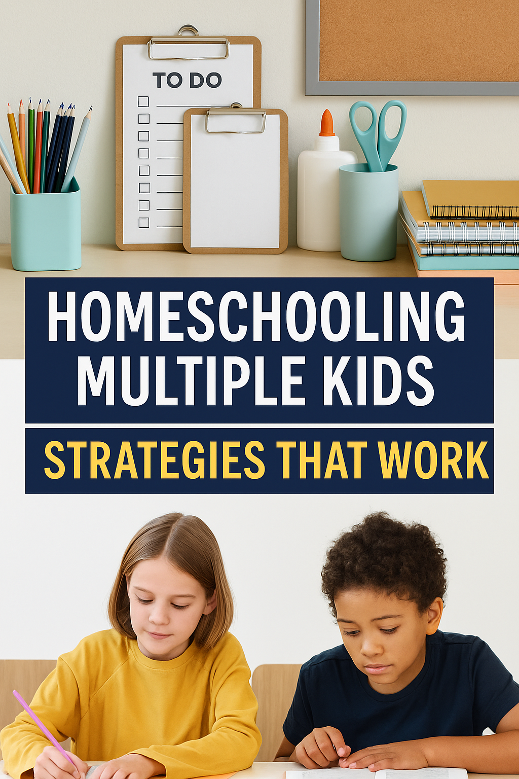 Pinterest image with organized school supplies, checklists, and multiple kids learning at home with bold text overlay 'Homeschooling Multiple Kids: Strategies That Work'
