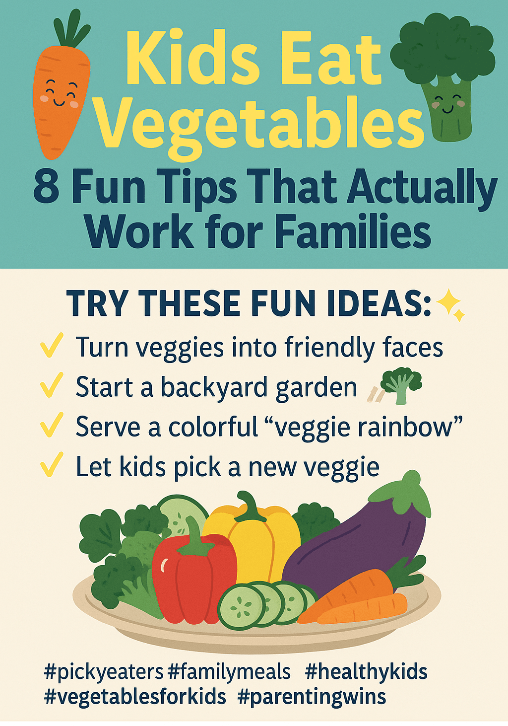 Pinterest image showing colorful veggies and playful tips for getting kids to eat vegetables, with a family-friendly layout