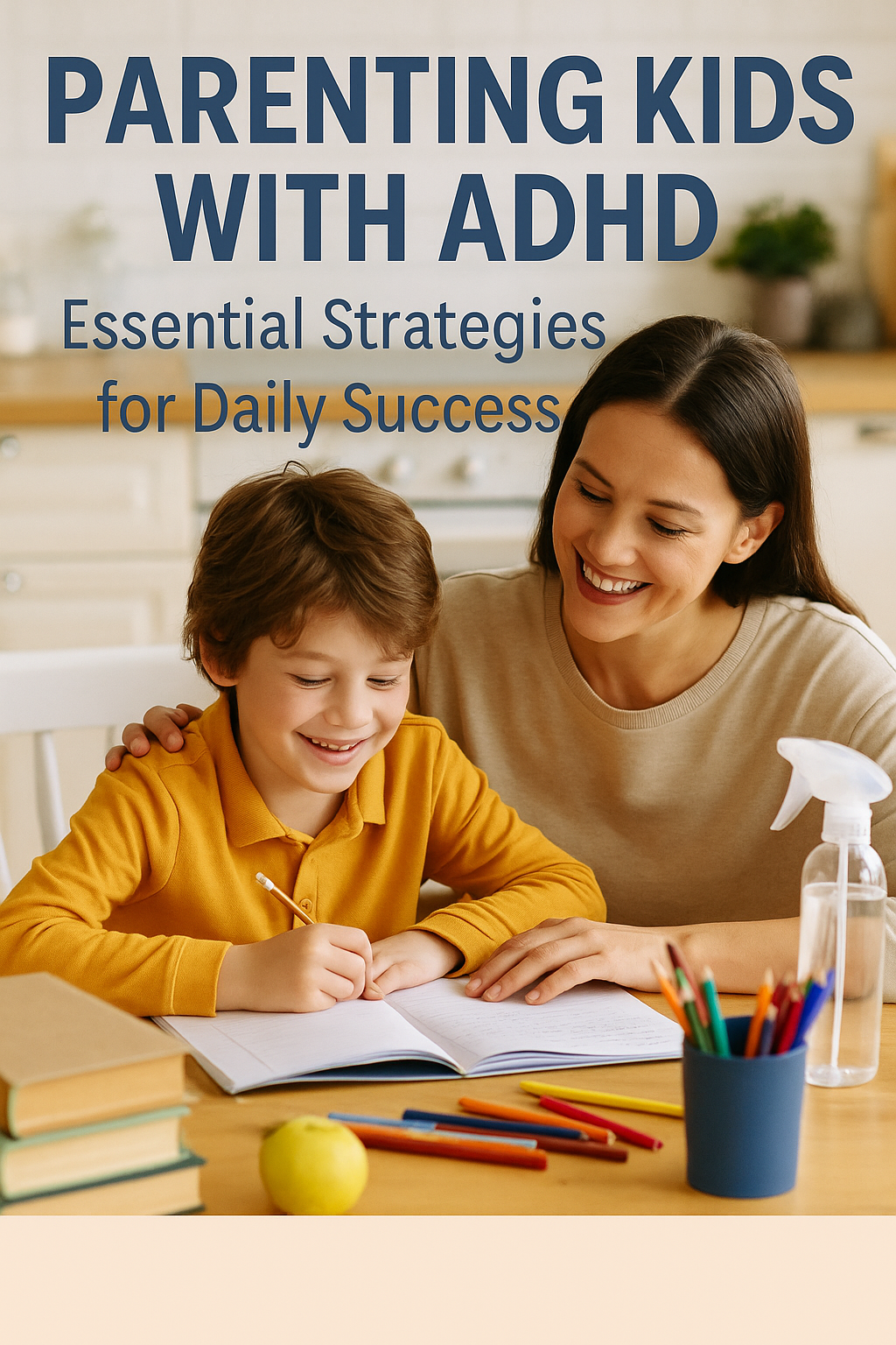 A smiling mother helps her young son with homework at a kitchen table, surrounded by colorful school supplies, representing daily parenting strategies for kids with ADHD