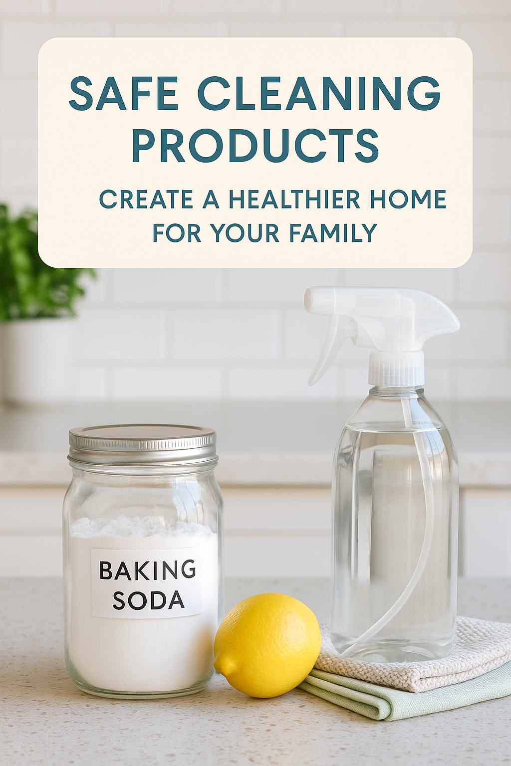 A jar of baking soda, a lemon, reusable cloths, and a clear spray bottle arranged on a clean kitchen counter, representing safe cleaning products for a healthier home