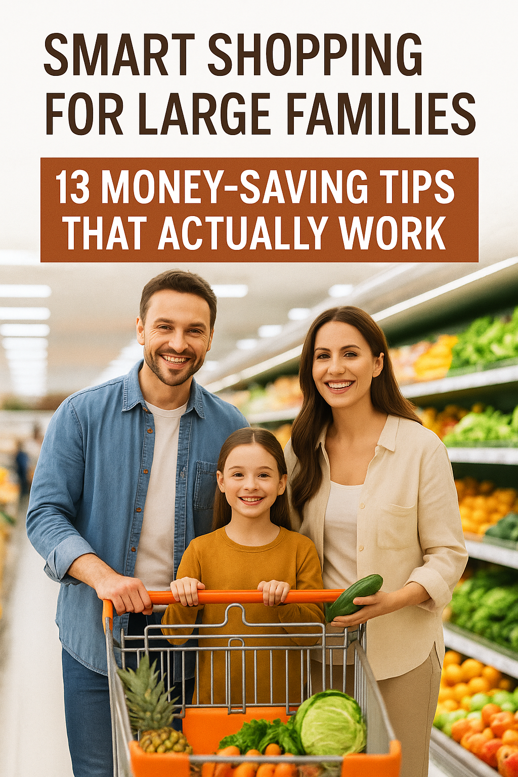 A smiling mother, father, and daughter grocery shopping together with a cart full of fresh produce, representing smart shopping for large families
