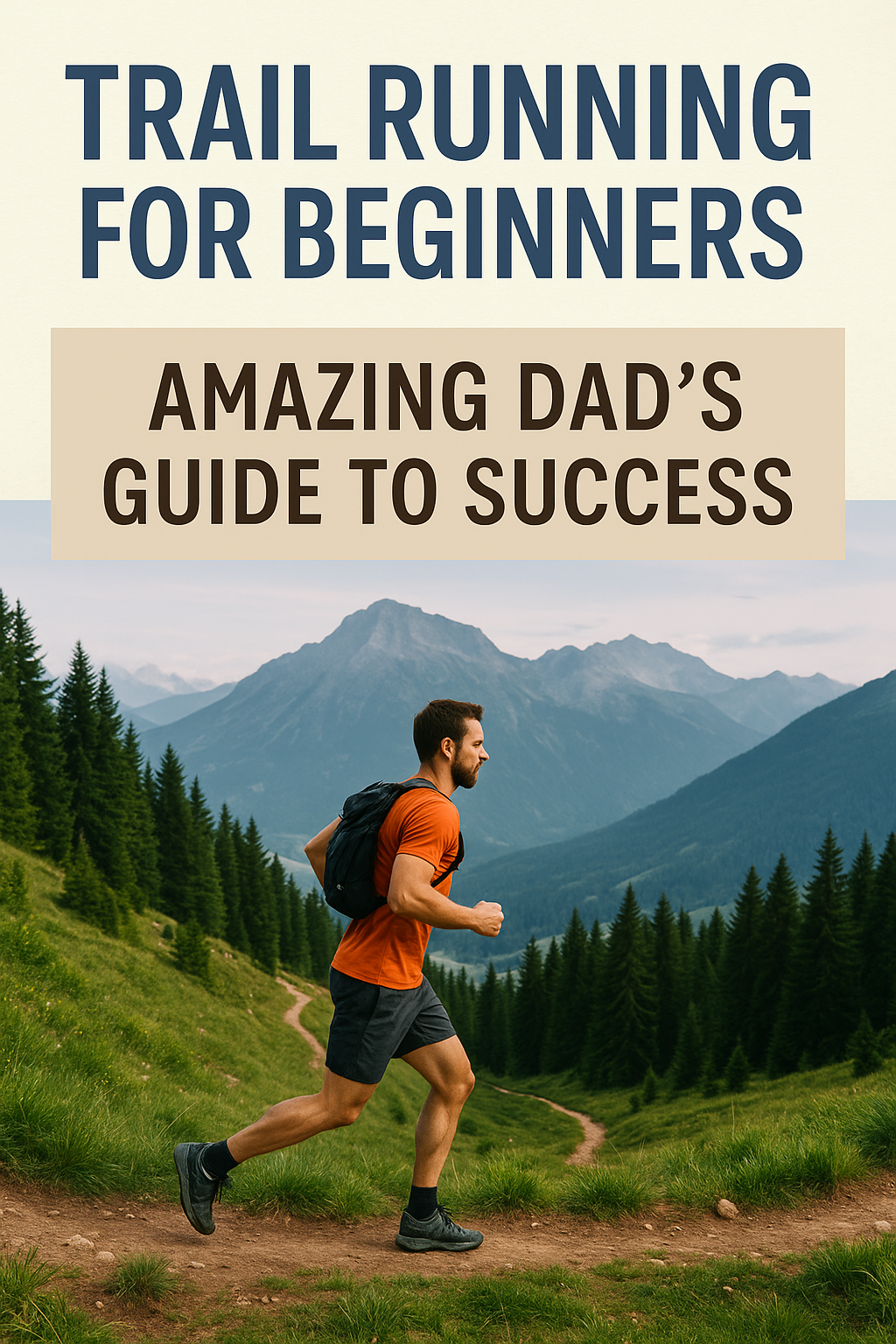 Dad trail running on a scenic mountain path, representing beginner trail running success and adventure