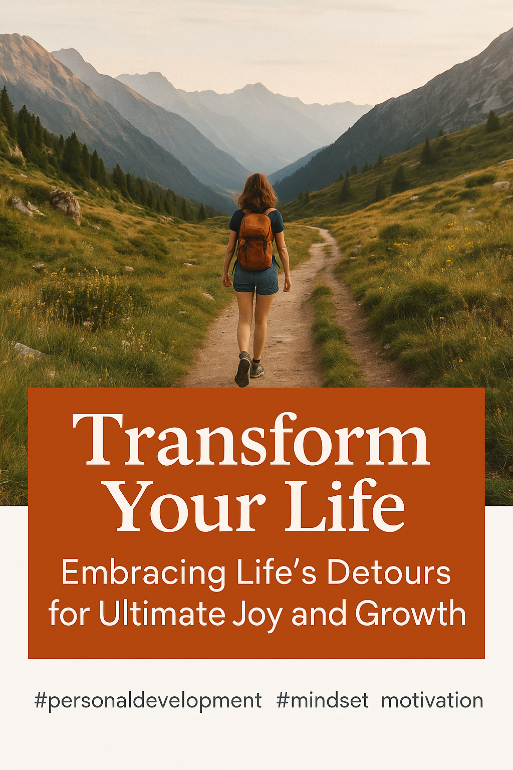 Woman hiking a winding mountain path, symbolizing embracing life’s detours for joy and personal growth