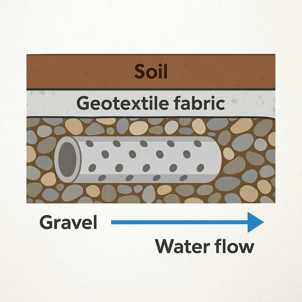 A labeled cross-section of a French drain with gravel surrounding a perforated pipe (holes down), fully wrapped in geotextile fabric, topped with soil