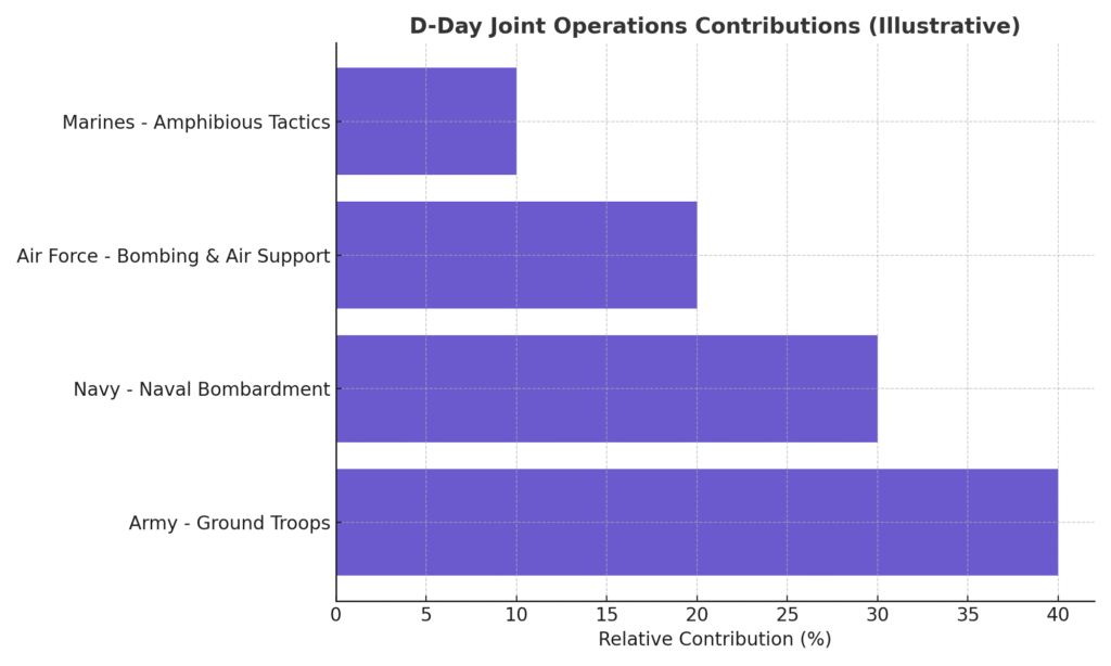 Horizontal bar chart showing joint contributions of Army, Navy, Air Force, and Marines during D-Day operations.