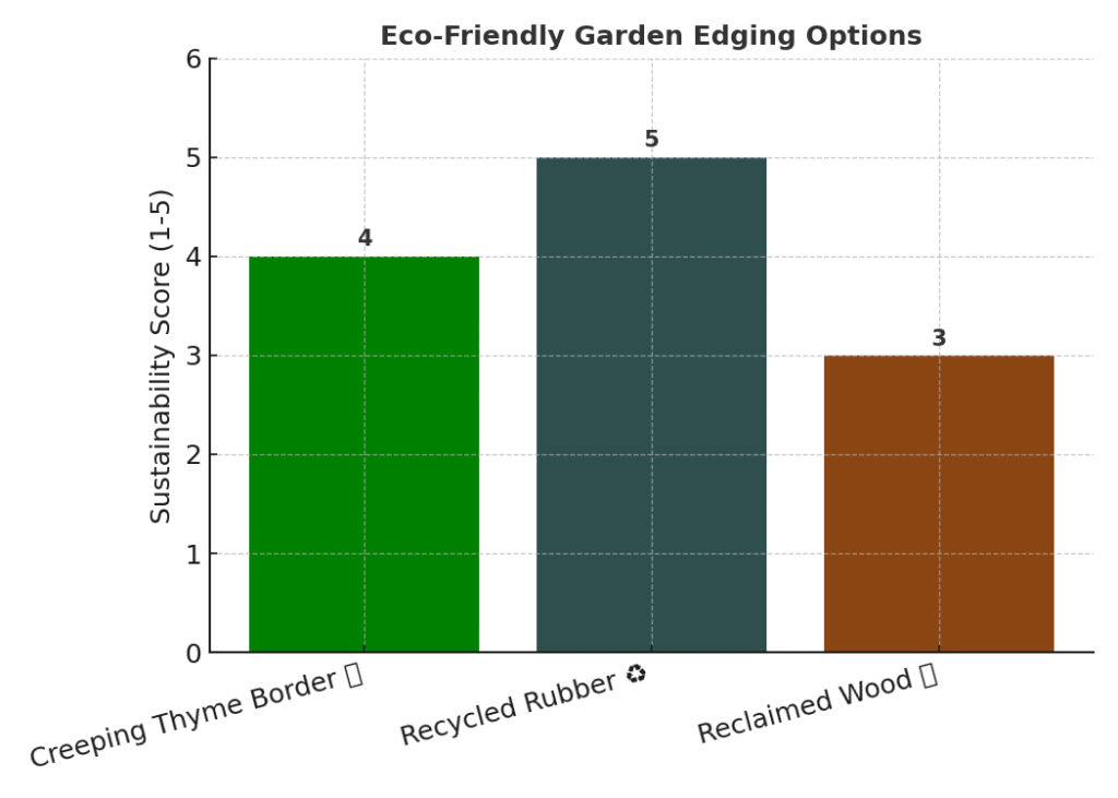 Chart showing eco-friendly garden edging options: creeping thyme, recycled rubber, and reclaimed wood, with relative sustainability scores.