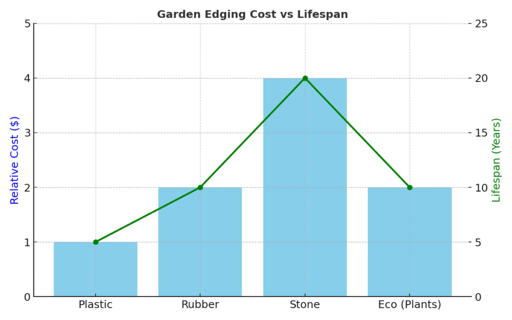Bar chart comparing cost and lifespan of plastic, rubber, stone, and eco-friendly garden edging
