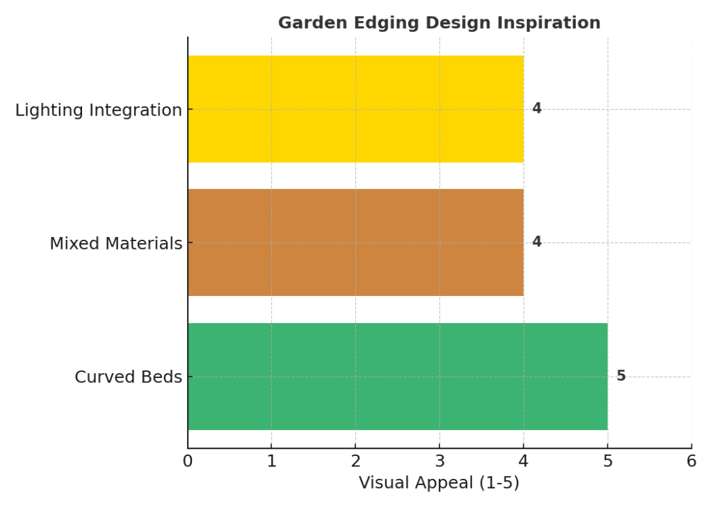 Design inspiration chart showing garden edging ideas: curved beds, mixed materials, and lighting integration, with visual appeal ratings.