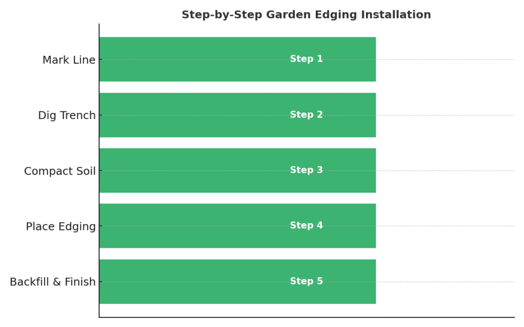 Step-by-step graphic showing garden edging installation: mark line, dig trench, compact soil, place edging, backfill and finish.