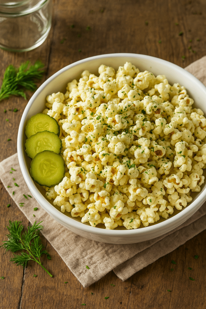 Bowl of freshly popped popcorn seasoned with dill pickle flavoring, garnished with pickle slices and green herb flakes on a rustic table.