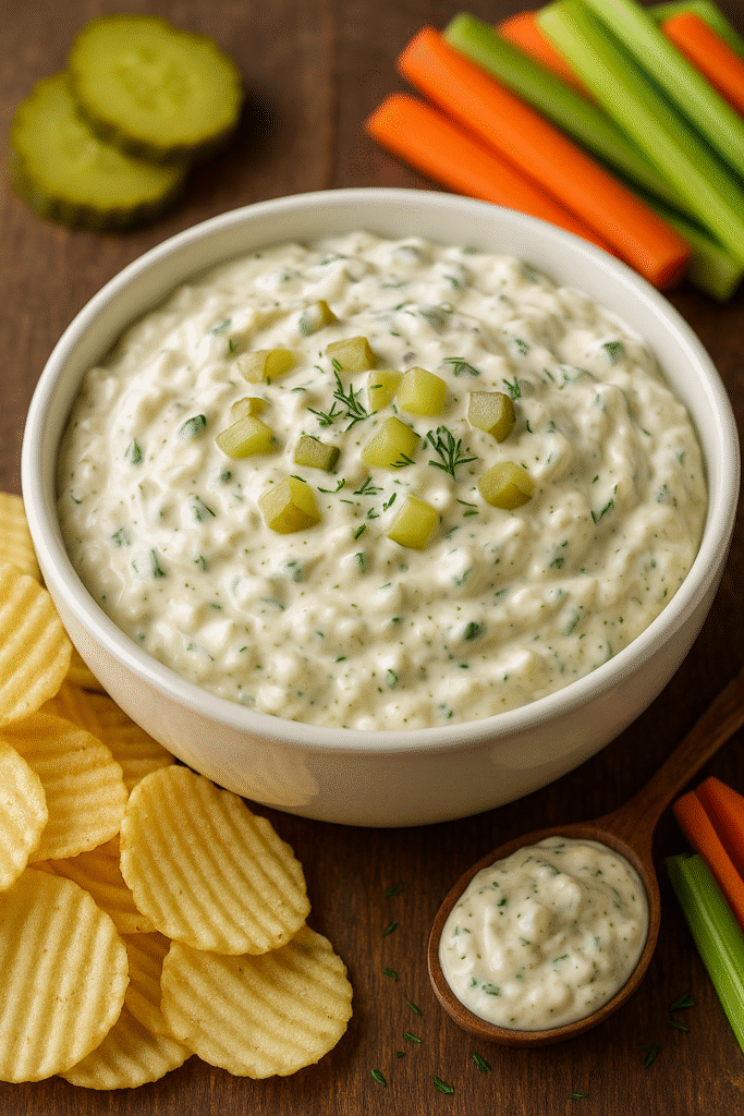 Creamy pickle dip made with cream cheese, sour cream, chopped dill pickles, and ranch seasoning, served in a bowl with chips and fresh veggies for dipping.
