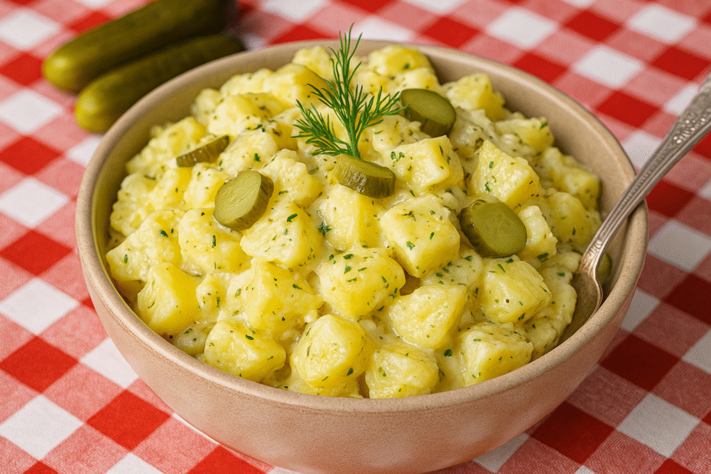 Creamy potato salad mixed with chopped dill pickles and garnished with fresh dill, served in a bowl with a spoon on a picnic-style table.