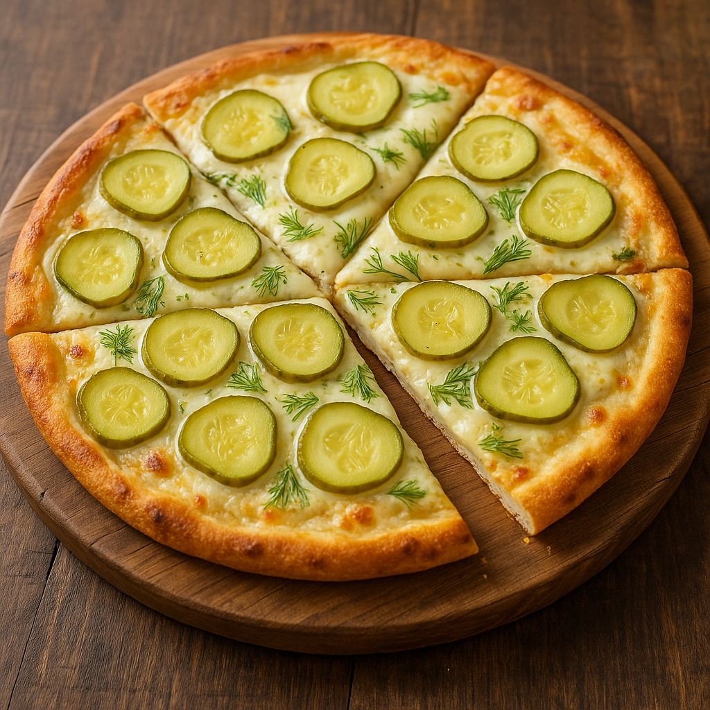 Thin-crust pizza topped with mozzarella, sliced dill pickles, fresh dill, and a light drizzle of pickle juice, served on a rustic wooden board.