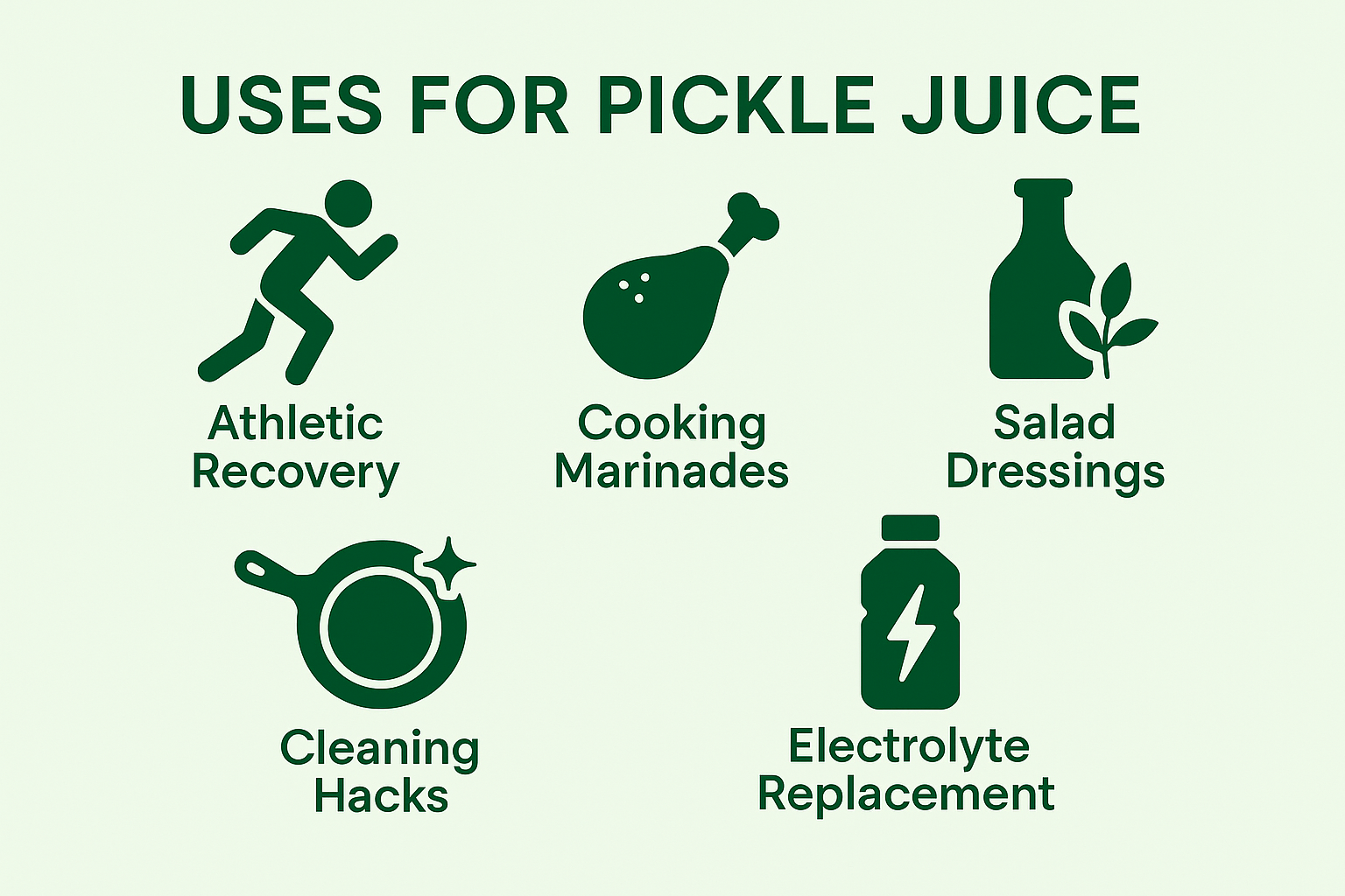 Infographic showing multiple uses for pickle juice: athletic recovery, cooking marinades, salad dressings, cleaning hacks, and electrolyte replacement.