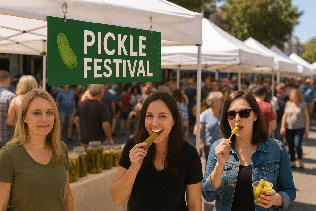 Crowd at a pickle festival with vendor booths, jars of pickles on display, and families enjoying pickle-themed food and drinks.