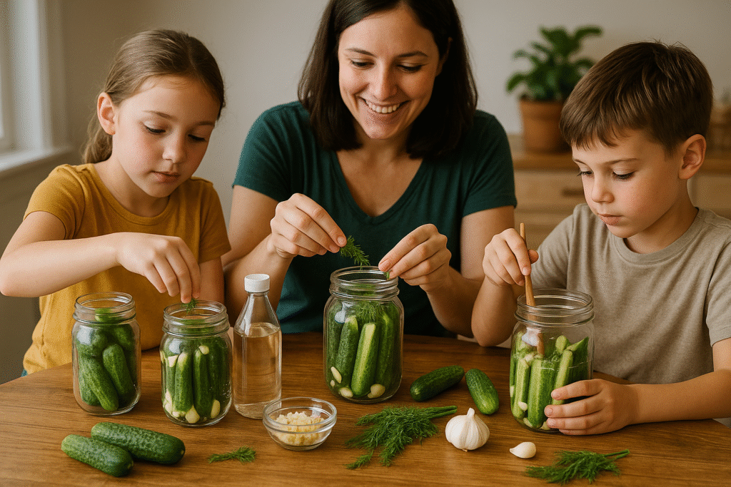 Children and adults making homemade pickles together at a kitchen table, with mason jars filled with cucumbers, vinegar, garlic, and dill sprigs.