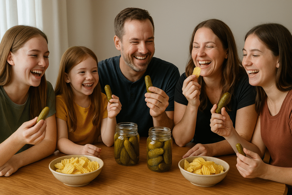 Family gathered around a table enjoying pickles and pickle snacks together, laughing and smiling, symbolizing food traditions and family bonding.