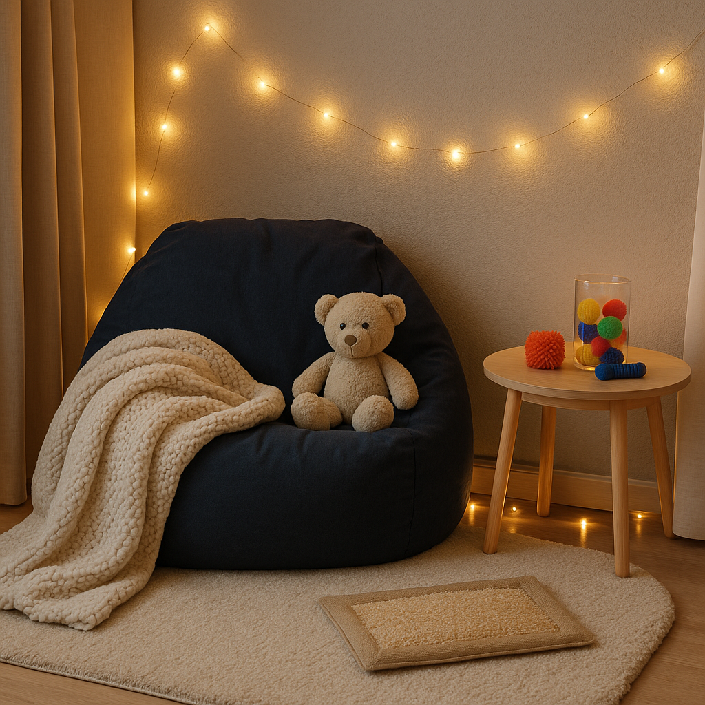 Calming sensory space for autistic child with beanbag, weighted blanket, and fairy lights in bedroom corner.