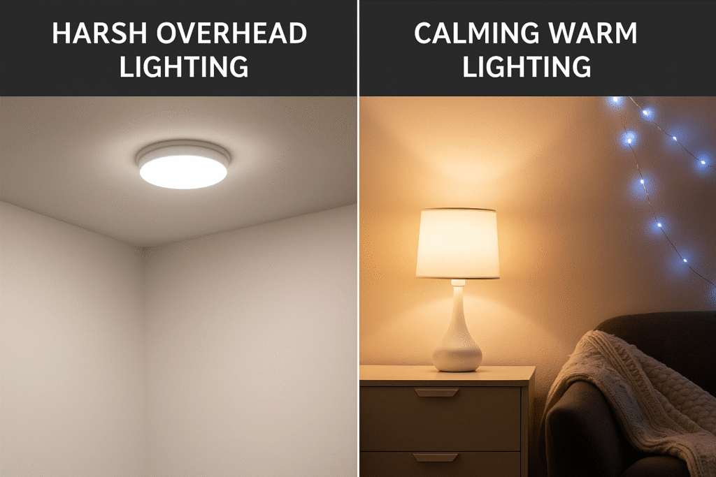 Comparison of harsh overhead lighting versus calming warm sensory-friendly lighting for autism.