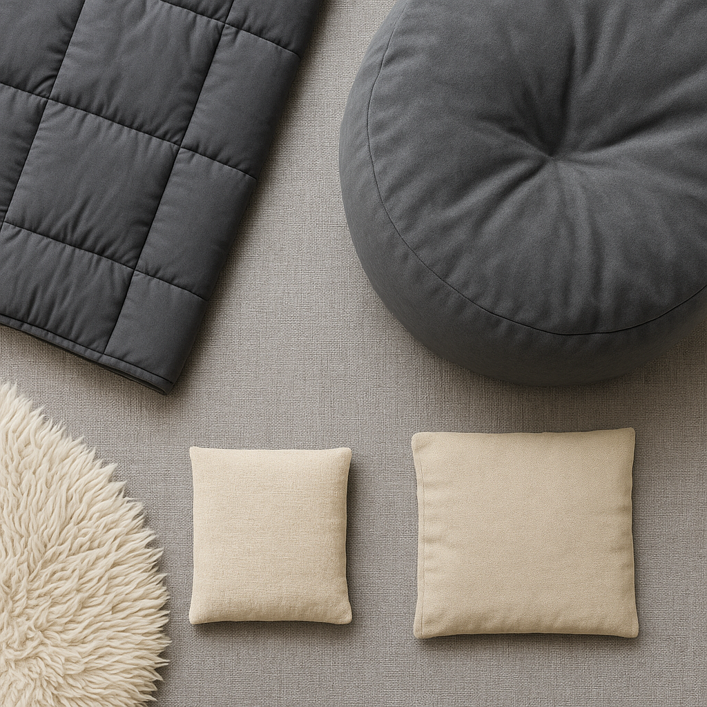 Weighted blanket, beanbag, and DIY rice-filled lap pad for calming sensory spaces for autism.