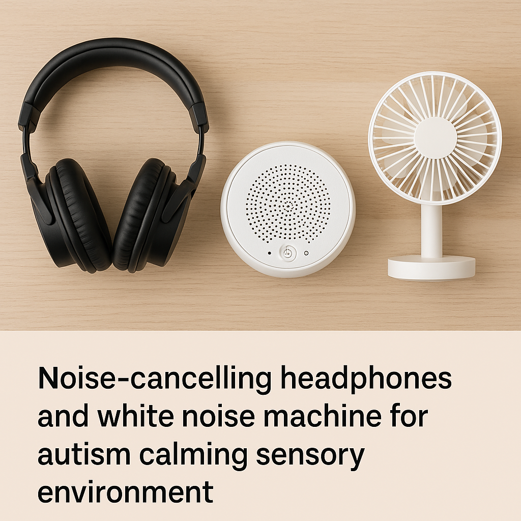 Noise-canceling headphones and white noise machine for autism calming sensory environment.