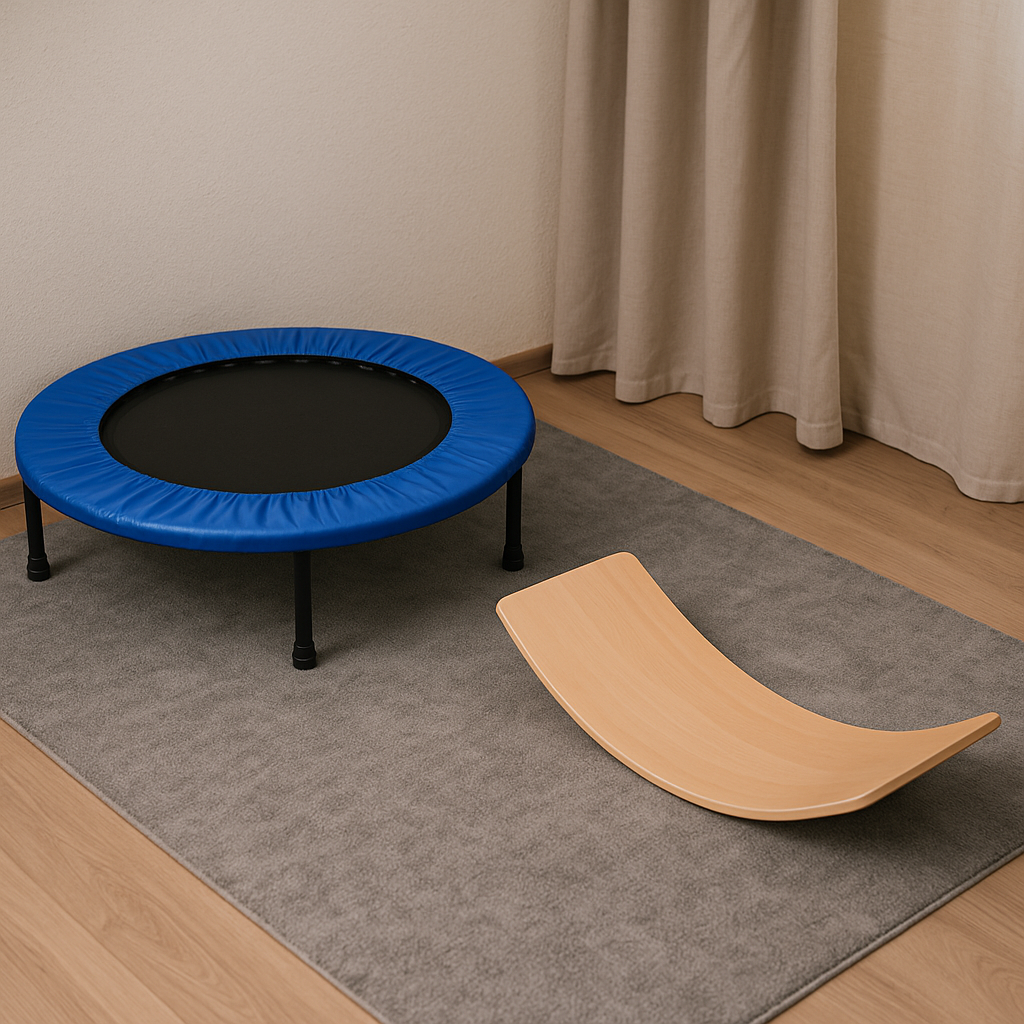 Mini trampoline and balance board for active sensory input in autism calming space.