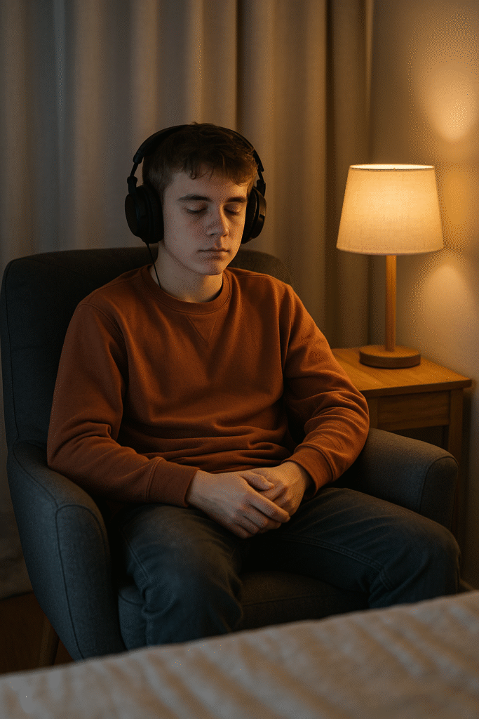 Teenager using calming sensory space with headphones and dim lighting.