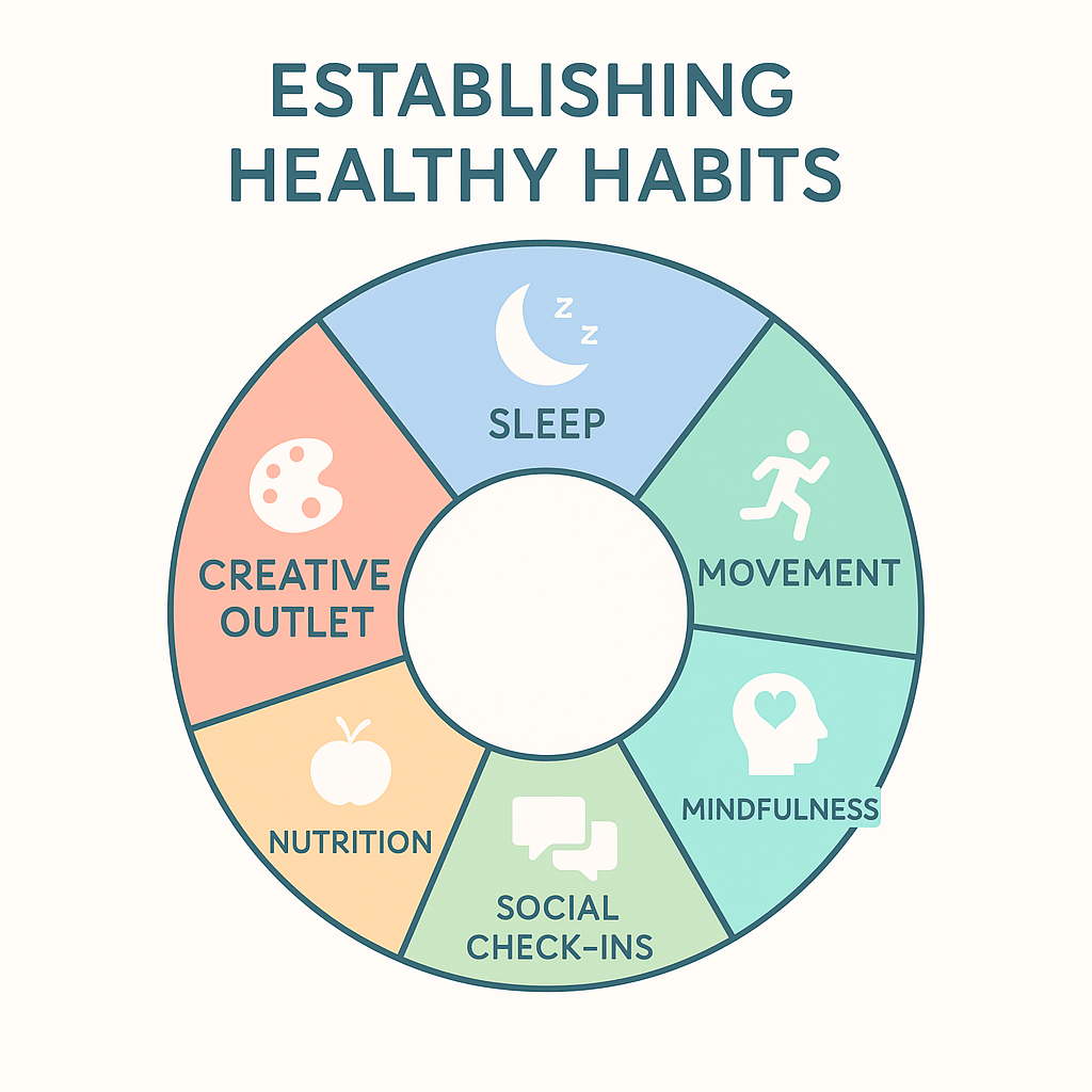 Infographic titled 'Establishing Healthy Habits' featuring a circular wheel divided into six color-coded sections, each with an icon and label: Sleep, Movement, Mindfulness, Social Check-ins, Nutrition, and Creative Outlet.