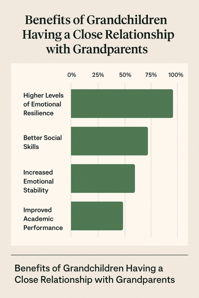 Infographic showing benefits of grandchildren having close relationships with grandparents: higher levels of emotional resilience, better social skills, increased emotional stability, and improved academic performance.