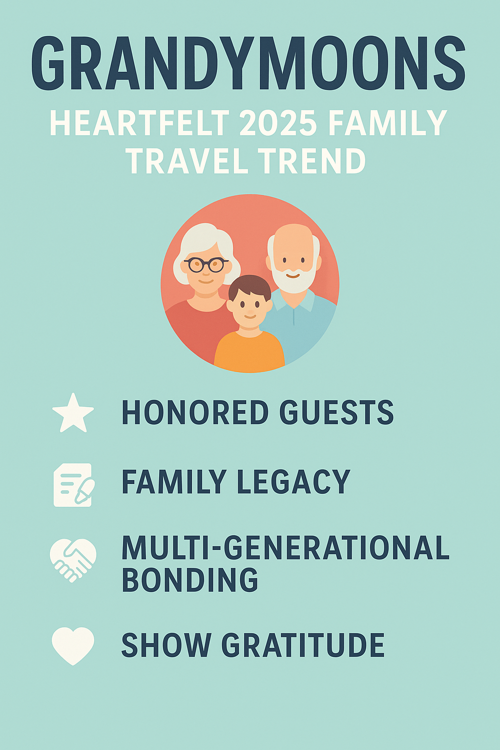 Infographic highlighting grandymoons as a top 2025 family travel trend, showing grandparents and grandchild with four benefits: honored guests, family legacy, multi-generational bonding, and showing gratitude.