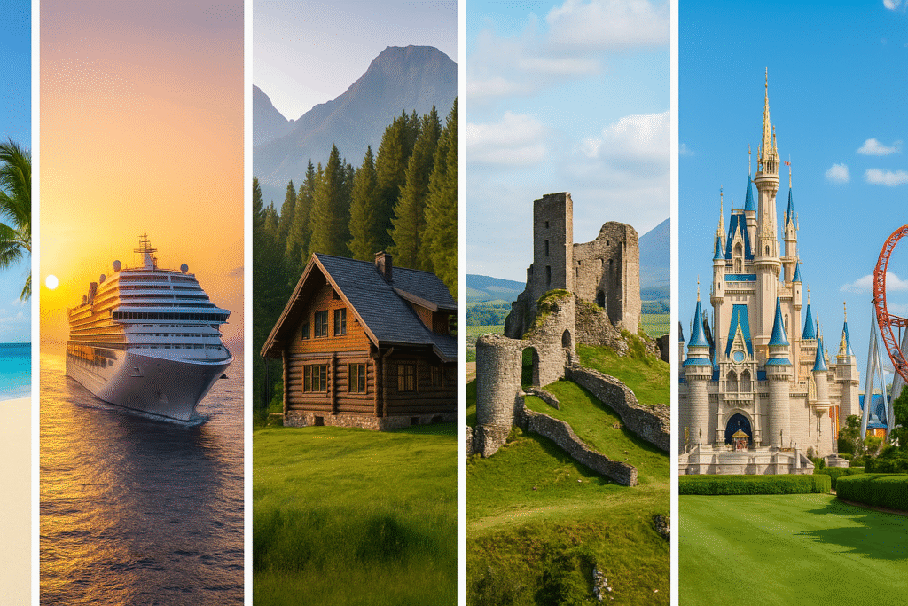 Collage of grandymoon destinations including a tropical beach, cruise ship at sunset, mountain cabin, historic castle ruins, Disney theme park, and luxury Mediterranean villa.