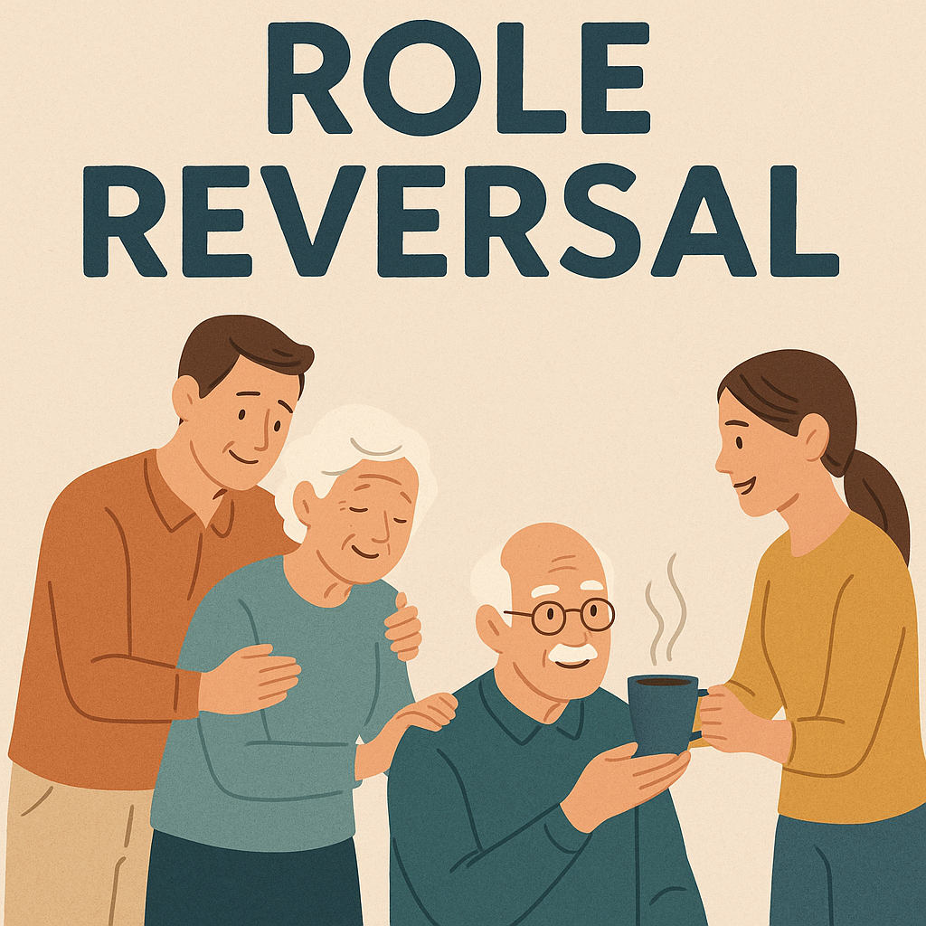 Illustration of role reversal showing adult children caring for grandparents — a grandmother being supported by her son and a grandfather receiving tea from his granddaughter — symbolizing grandparents as honored guests on grandymoons.
