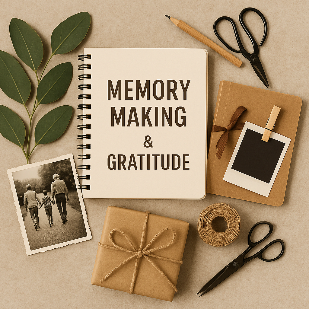 Flat lay of a memory-making and gratitude setup featuring an open journal titled “Memory Making & Gratitude,” scrapbook, vintage photo of three generations, wrapped gift, and craft tools, symbolizing legacy preservation during grandymoons.