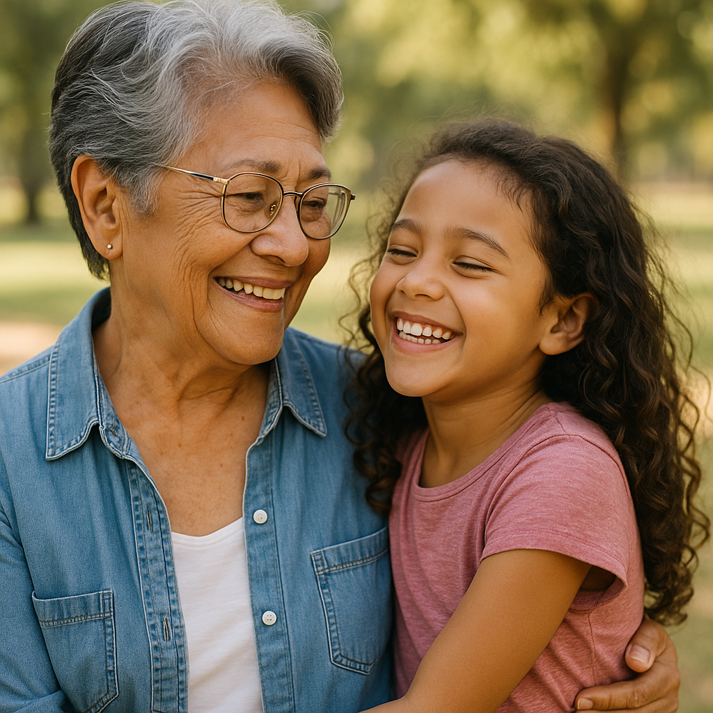 Grandmother with short gray hair and glasses smiling warmly at her granddaughter with curly dark hair as they laugh together in a sunny park, symbolizing intergenerational bonding.