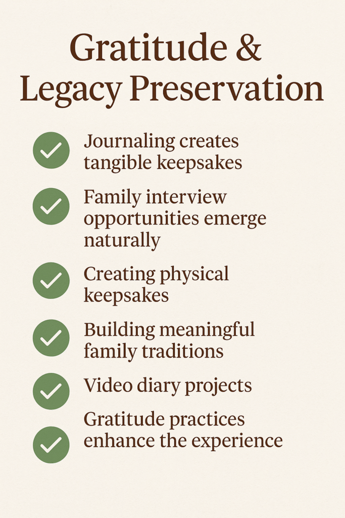Infographic titled “Gratitude & Legacy Preservation” on parchment-style background with green checkmarks listing key practices: journaling keepsakes, family interviews, physical keepsakes, traditions, video diaries, and gratitude practices.