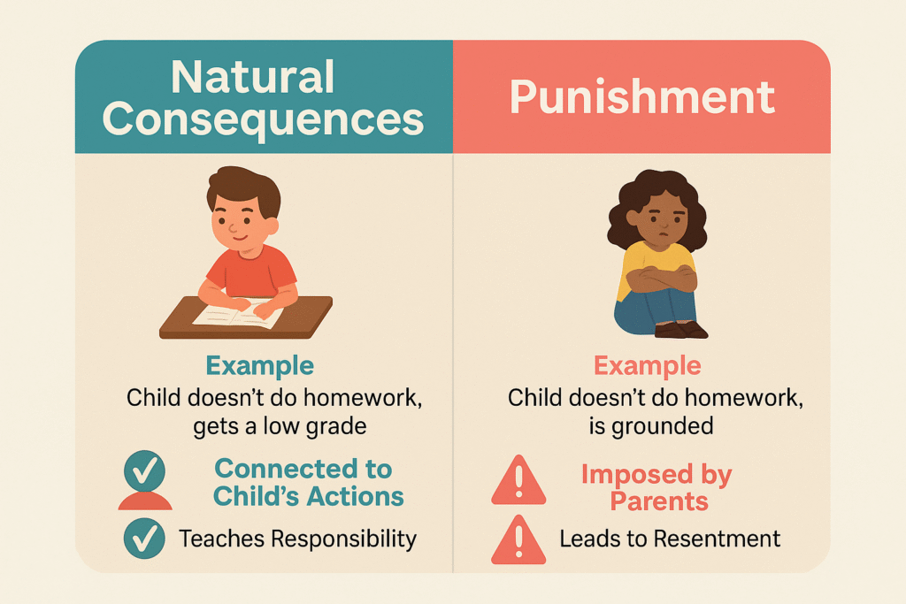 Where Natural Consequences Parenting Can Go Wrong. Graphic of Natural consequences vs punishment.