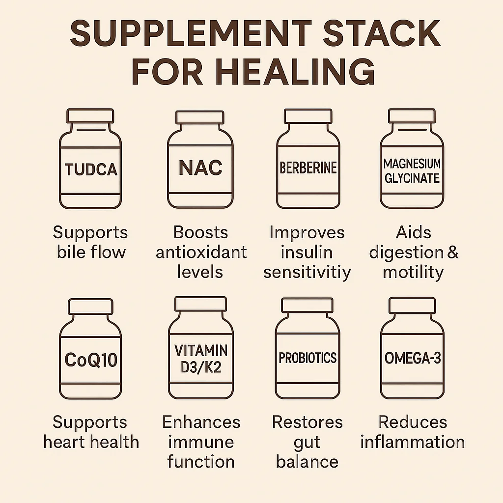 Supplement Stack for Healing infographic showing TUDCA, NAC, Berberine, Magnesium Glycinate, CoQ10, Vitamin D3/K2, Probiotics, and Omega-3 with benefits listed