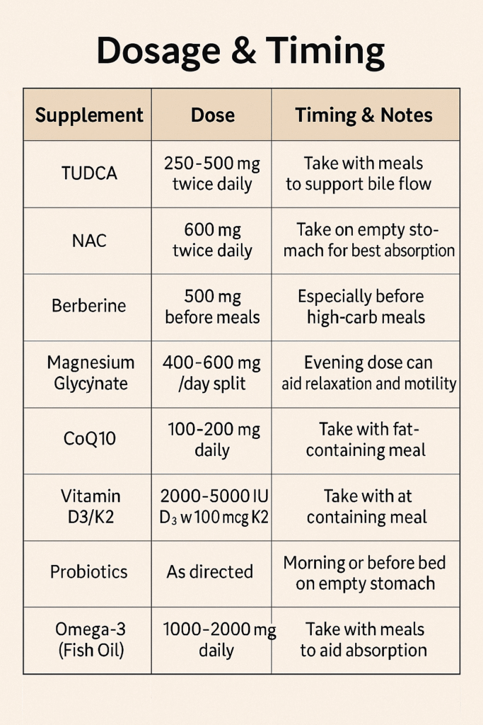 Three-phase digestive system healing plan infographic with supplements and goals for each stage from initial gut support to maintenance