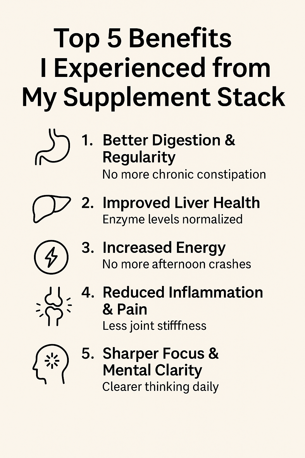 Top 5 benefits of supplement stack infographic including better digestion, improved liver health, increased energy, reduced inflammation, and sharper focus