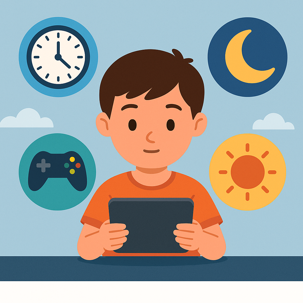 Child managing screen time with icons showing balance between tech and play