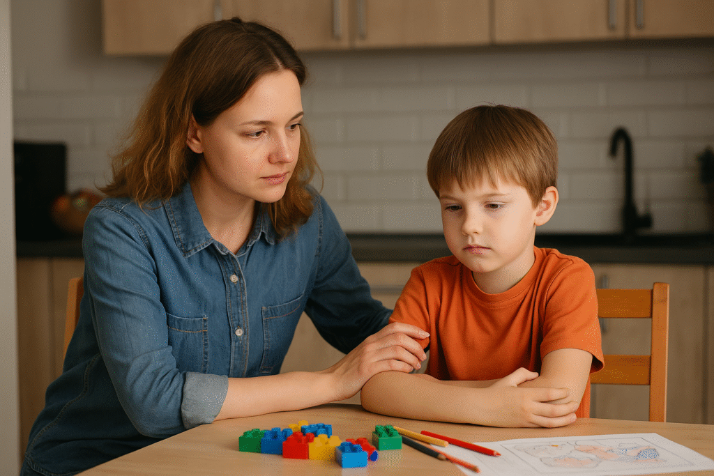 Parent supporting autistic child in daily communication. Communication Struggles in Autistic Children and How to Help