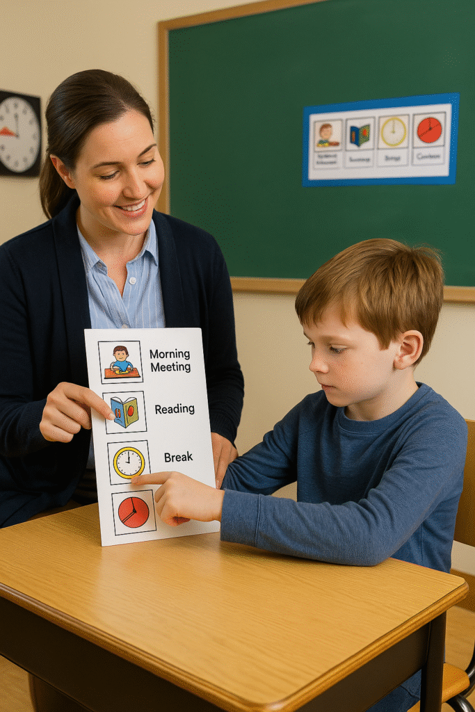 Teacher supporting autistic child with visual schedule in classroom.