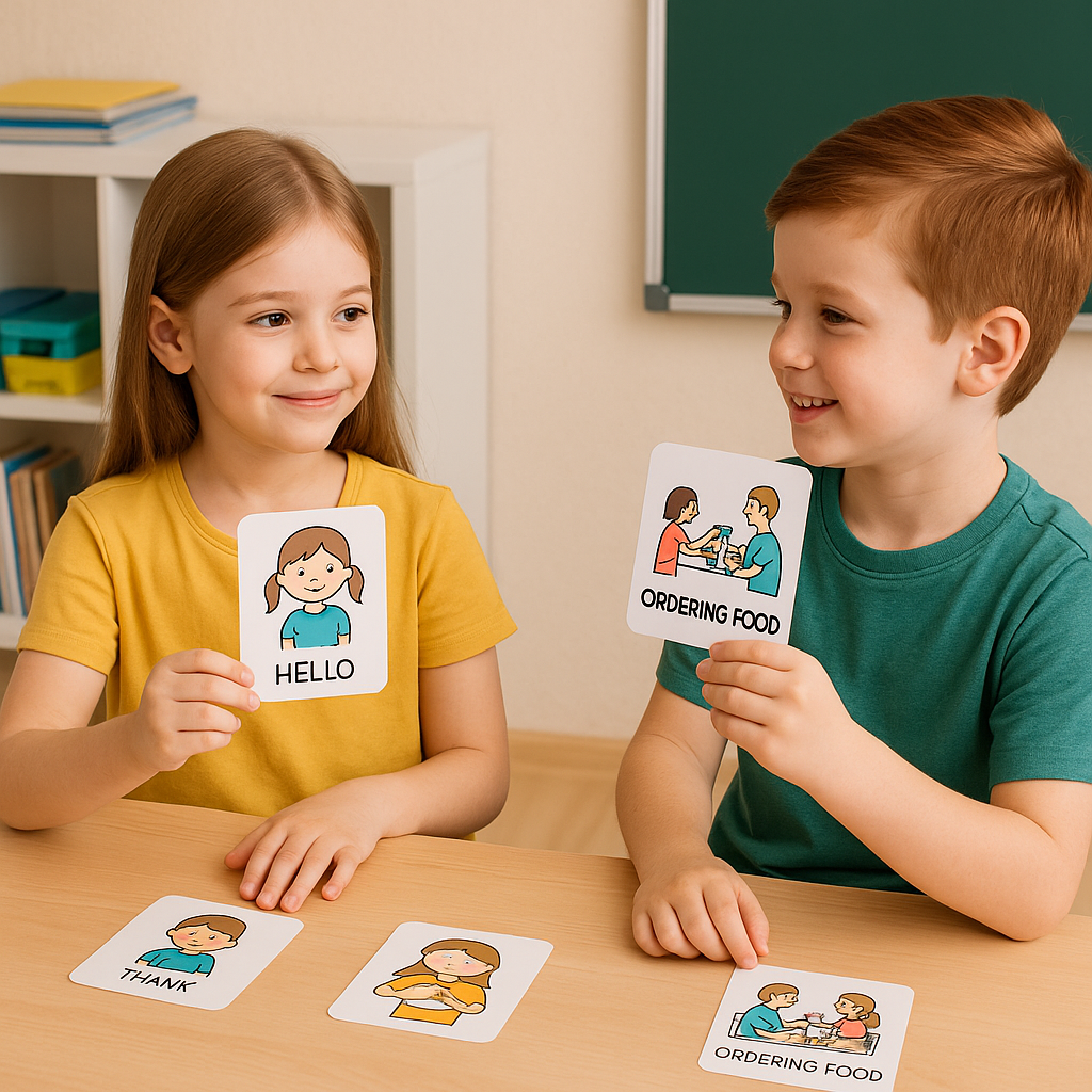 Children practicing role-play with social story cards to improve pragmatic language skills.