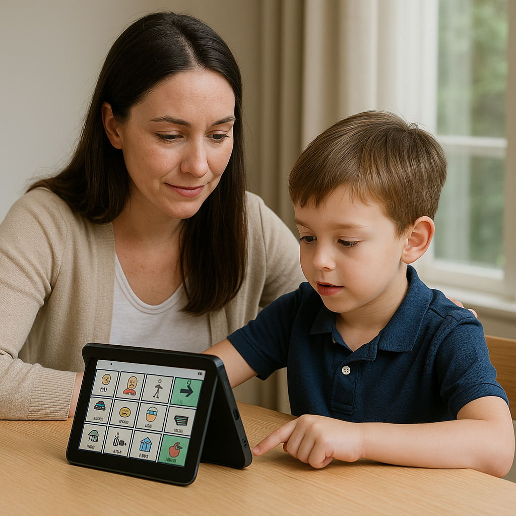 Mother supporting autistic child using an AAC tablet with communication icons.