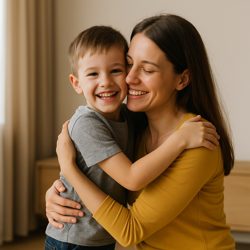 Mother hugging her autistic child in a joyful breakthrough moment.