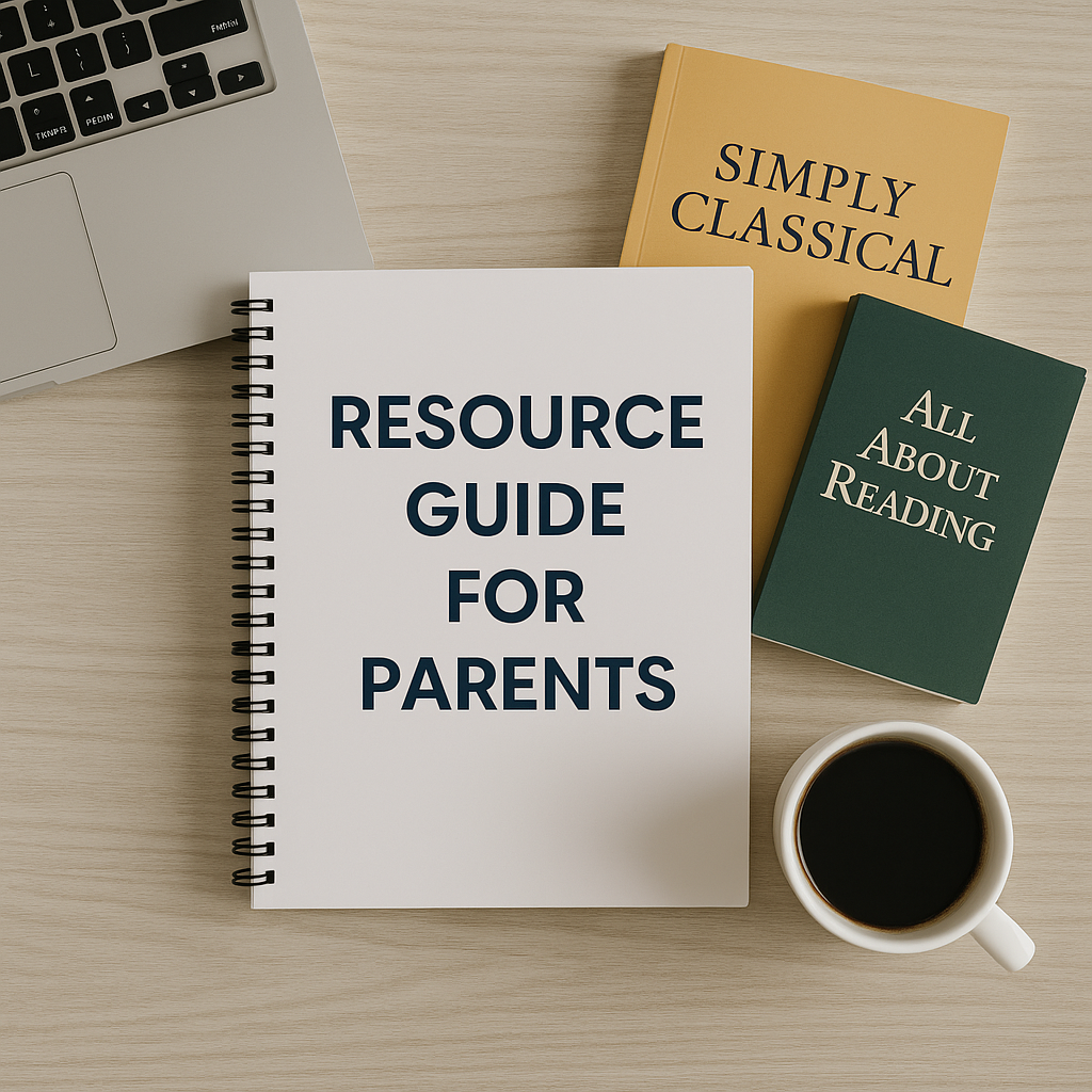 Flat lay of parenting resource guide, books, and laptop for autism communication support.