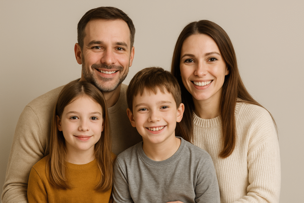 Family portrait symbolizing connection and support in raising autistic children.
