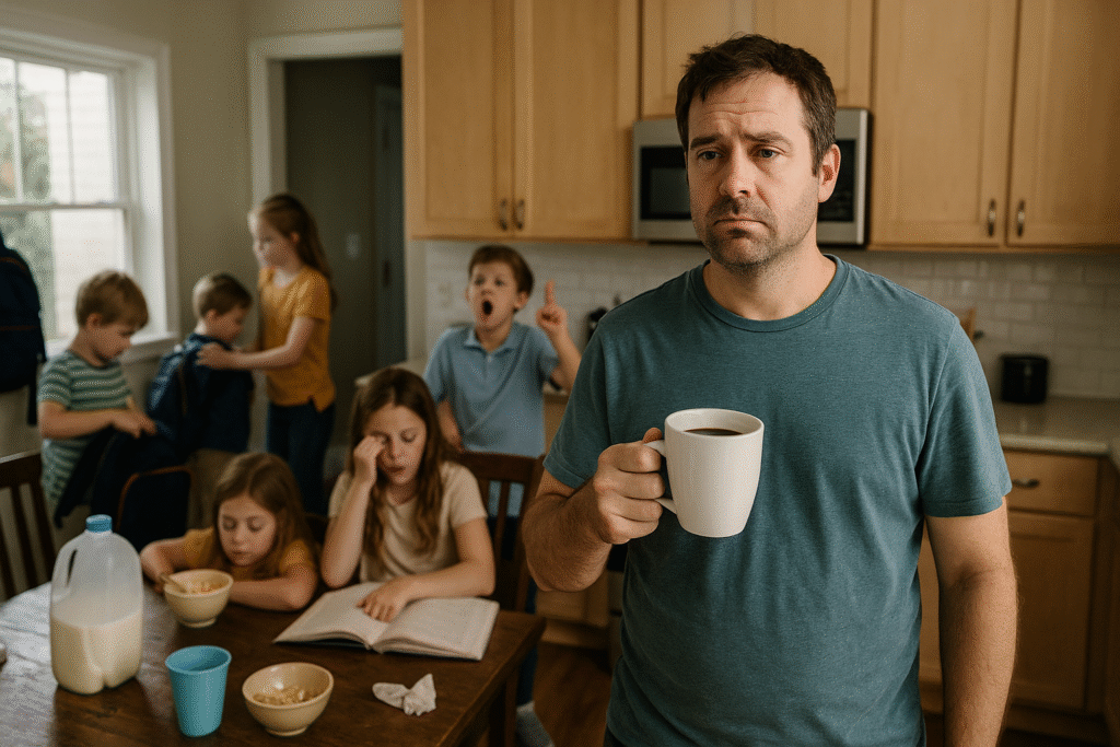 Parenting a Large Family: 10 Proven Survival Tips
Father holding coffee in a busy kitchen surrounded by six kids, backpacks, and breakfast dishes — real-life parenting a large family tips in action.